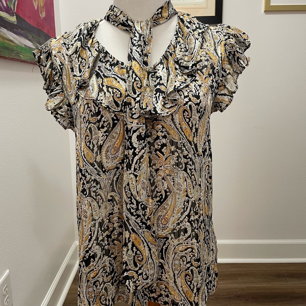 Tapestry Tie-Neck Ruffle Top/Blouse, sz Small.